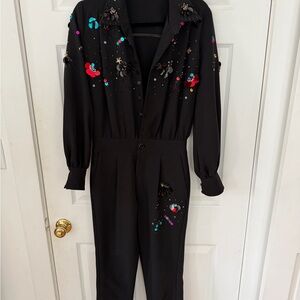 Festive Button-Front Jumpsuit with Multicolor Beaded Accents